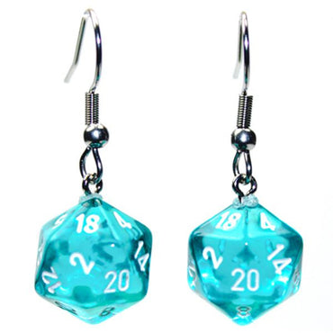 Hook Earrings Translucent Teal Mini d20 Pair