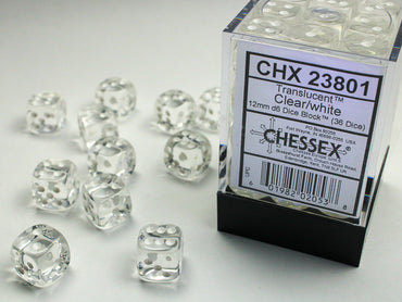 Translucent 12mm d6 Clear/white Dice Block™ (36 dice) 23801