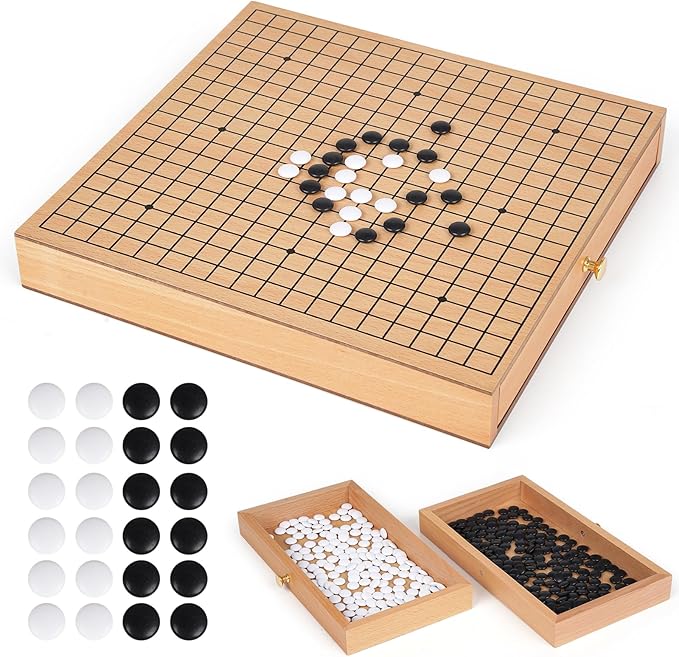 12-Inch Traditional Wooden Go Game Set with Pull-Out Storage Drawers