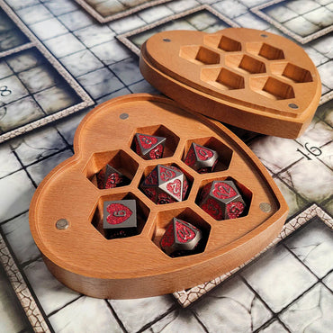 Dark Heart Set of 7 Heart-Shaped Metal RPG Dice and Heart Dice Box (Brown)