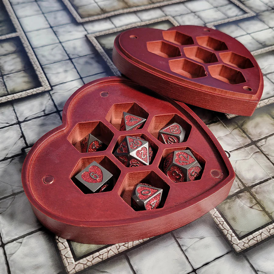 Dark Heart Set of 7 Heart-Shaped Metal RPG Dice and Heart Dice Box (Red)