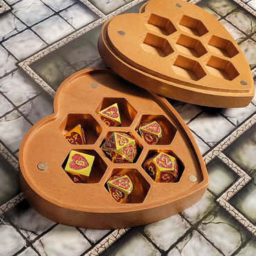 Fortunate Heart Set of 7 Heart-Shaped Metal RPG Dice and Heart Dice Box (Brown)