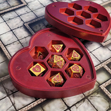 Fortunate Heart Set of 7 Heart-Shaped Metal RPG Dice and Heart Dice Box (Red)