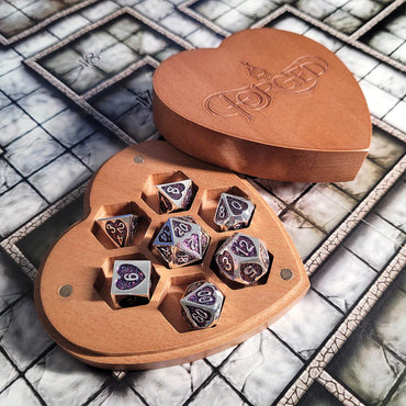 Soaring Heart Set of 7 Heart-Shaped Metal RPG Dice and Heart Dice Box (Brown)