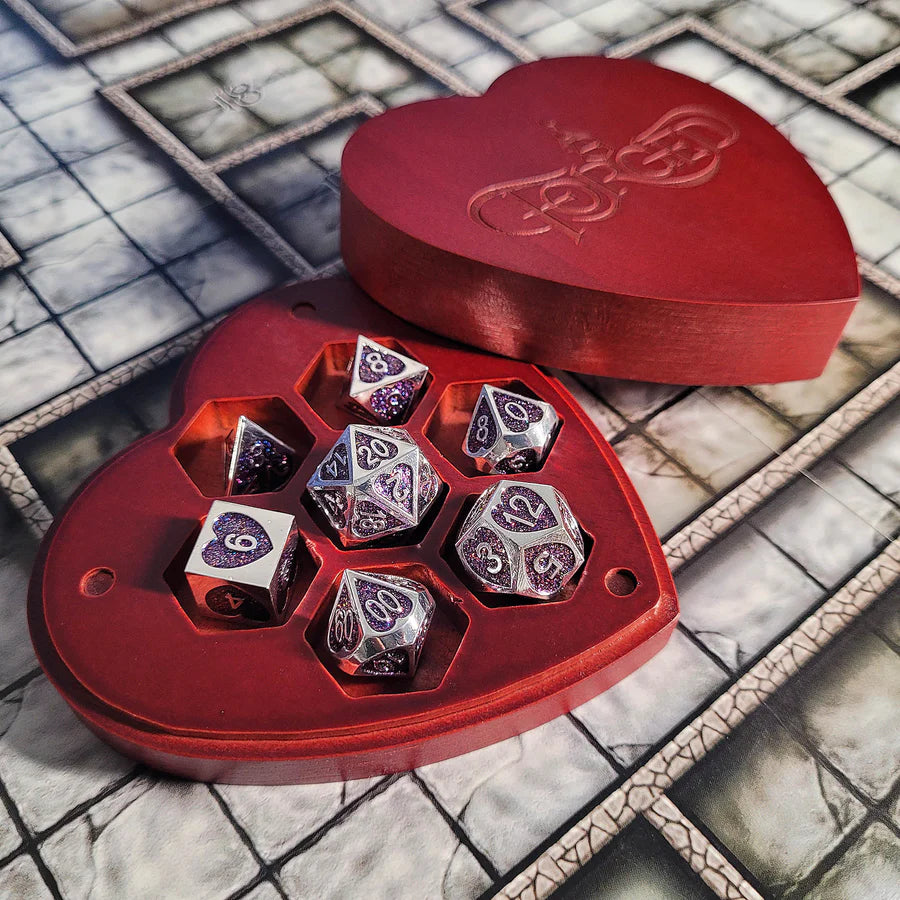 Soaring Heart Set of 7 Heart-Shaped Metal RPG Dice and Heart Dice Box (Red)