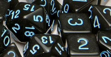 Polyhedral Dice: Translucent Black Smoke with Light Blue Numbers - Set of 7