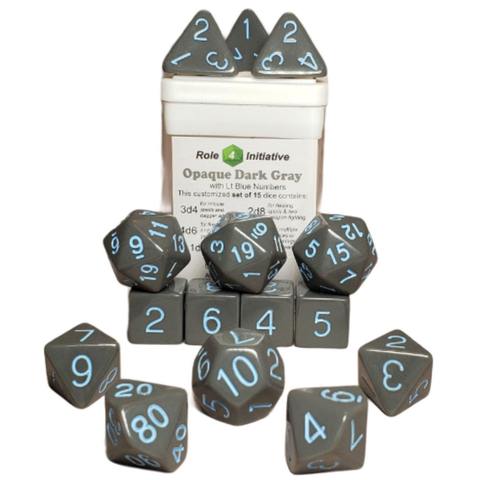 SET OF 15 DICE: OPAQUE DARK GRAY W/ LT BLUE NUMBERS