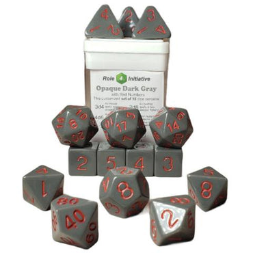 SET OF 15 DICE: OPAQUE DARK GRAY W/ RED NUMBERS