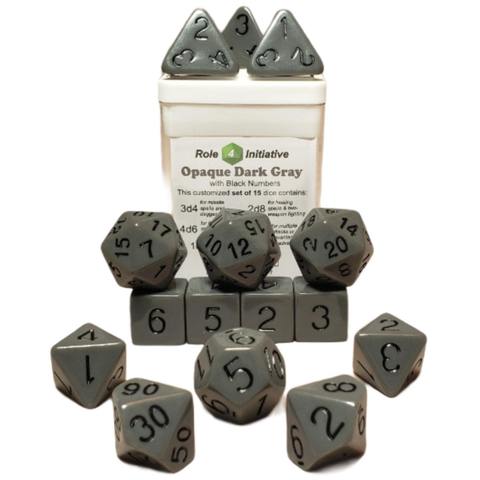SET OF 15 DICE: OPAQUE DARK GRAY W/ BLACK NUMBERS