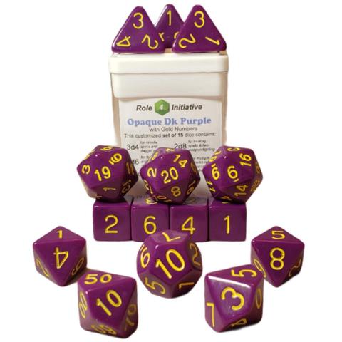 SET OF 15 DICE: OPAQUE DARK PURPLE W/ GOLD NUMBERS