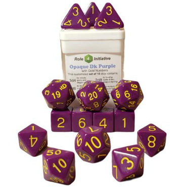 SET OF 15 DICE: OPAQUE DARK PURPLE W/ GOLD NUMBERS