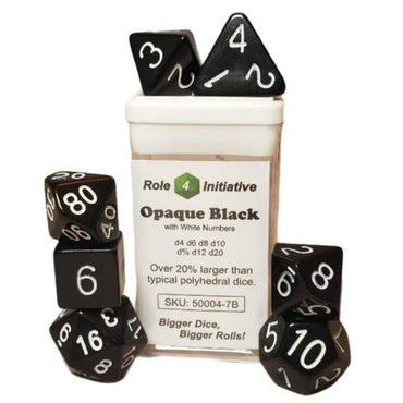 SET OF 7 DICE: OPAQUE BLACK W/ WHITE NUMBERS