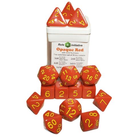 SET OF 7 DICE: OPAQUE RED W/ BLACK NUMBERS