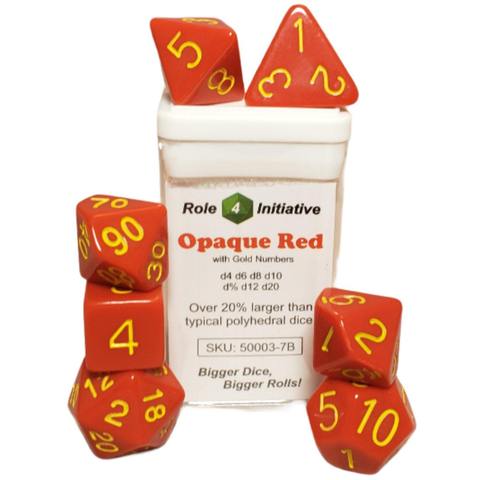 SET OF 7 DICE: OPAQUE RED W/ GOLD NUMBERS