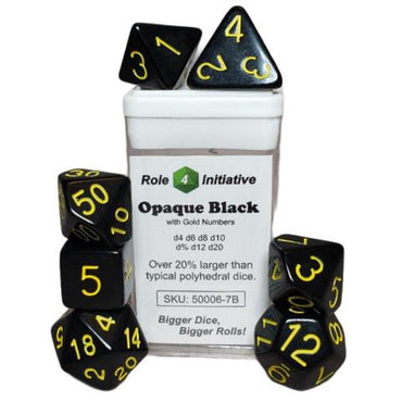 SET OF 7 DICE: OPAQUE BLACK W/ GOLD NUMBERS