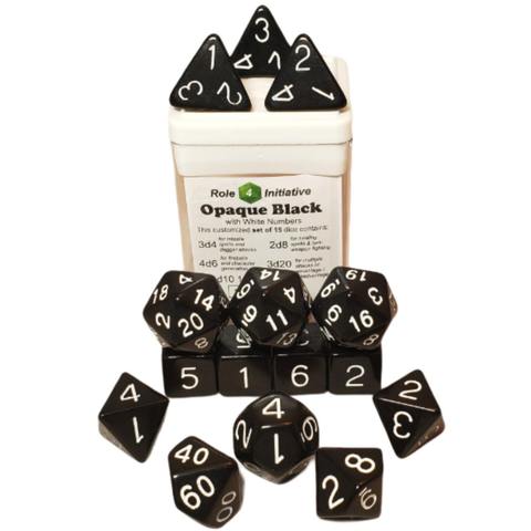 SET OF 15 DICE: OPAQUE BLACK W/ WHITE NUMBERS