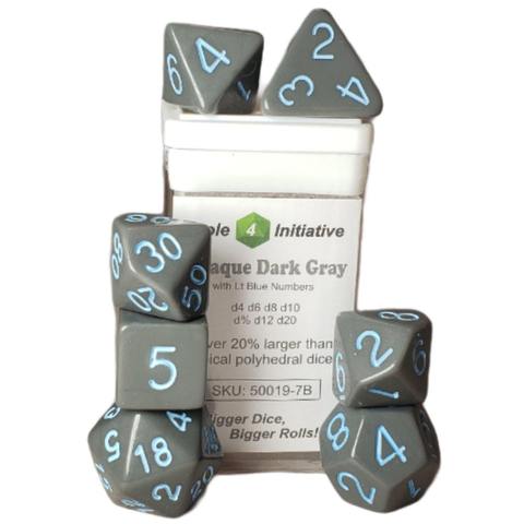 SET OF 7 DICE: OPAQUE DARK GRAY W/ LT BLUE NUMBERS