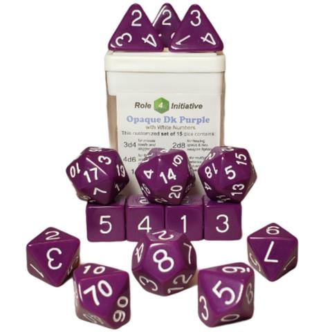 SET OF 15 DICE: OPAQUE DARK PURPLE W/ WHITE NUMBERS