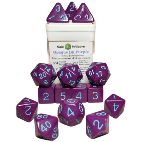 SET OF 15 DICE: OPAQUE DARK PURPLE W/ LT BLUE NUMBERS