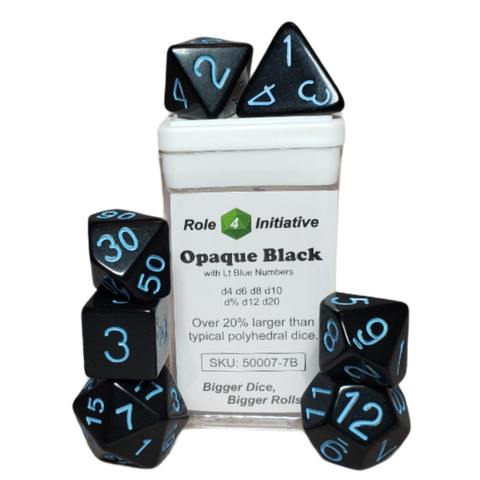 SET OF 7 DICE: OPAQUE BLACK W/ LT BLUE NUMBERS