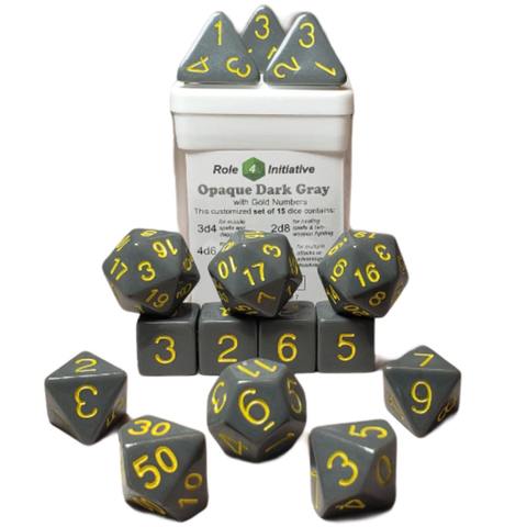 SET OF 15 DICE: OPAQUE DARK GRAY W/ GOLD NUMBERS