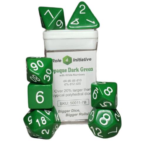 SET OF 7 DICE: OPAQUE DARK GREEN W/ WHITE NUMBERS