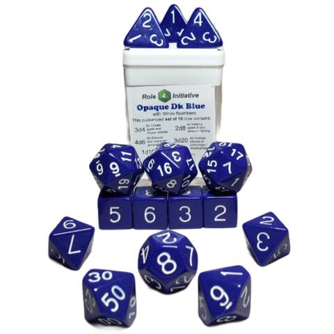 SET OF 15 DICE: OPAQUE DARK BLUE W/ WHITE NUMBERS