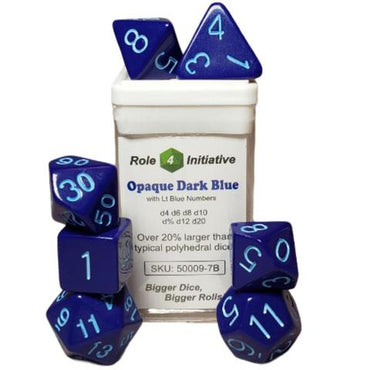 SET OF 7 DICE: OPAQUE DARK BLUE W/ LT BLUE NUMBERS