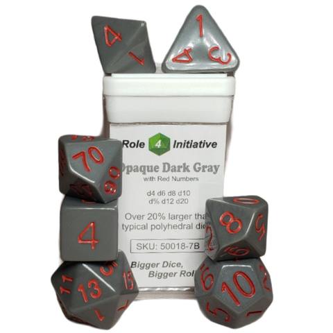 SET OF 7 DICE: OPAQUE DARK GRAY W/ RED NUMBERS