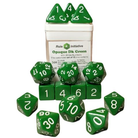 SET OF 15 DICE: OPAQUE DARK GREEN W/ WHITE NUMBERS