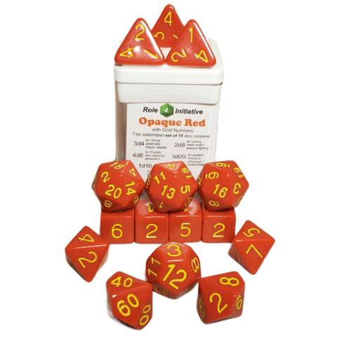 SET OF 15 DICE: OPAQUE RED W/ GOLD NUMBERS