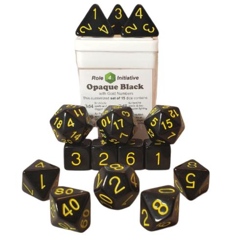 SET OF 15 DICE: OPAQUE BLACK W/ GOLD NUMBERS