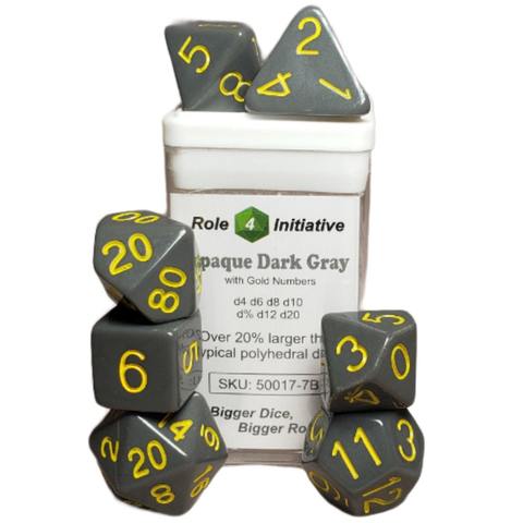 SET OF 7 DICE: OPAQUE DARK GRAY W/ GOLD NUMBERS