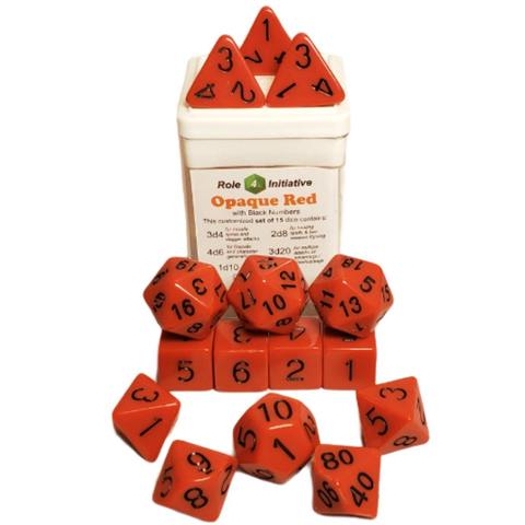 SET OF 15 DICE: OPAQUE RED W/ BLACK NUMBERS