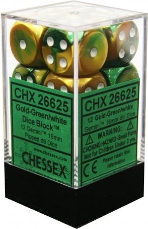 Gemini: 16mm D6 Gold Green/White (12) CHX26625