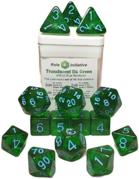 SET OF 15 DICE: TRANSLUCENT DK GREEN W/ LT BLUE NUMS