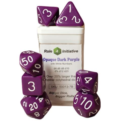 SET OF 7 DICE: OPAQUE DARK PURPLE W/ WHITE NUMBERS