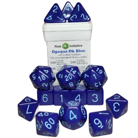SET OF 15 DICE: OPAQUE DARK BLUE W/ LT BLUE NUMBERS