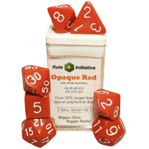 SET OF 7 DICE: OPAQUE RED W/ WHITE NUMBERS