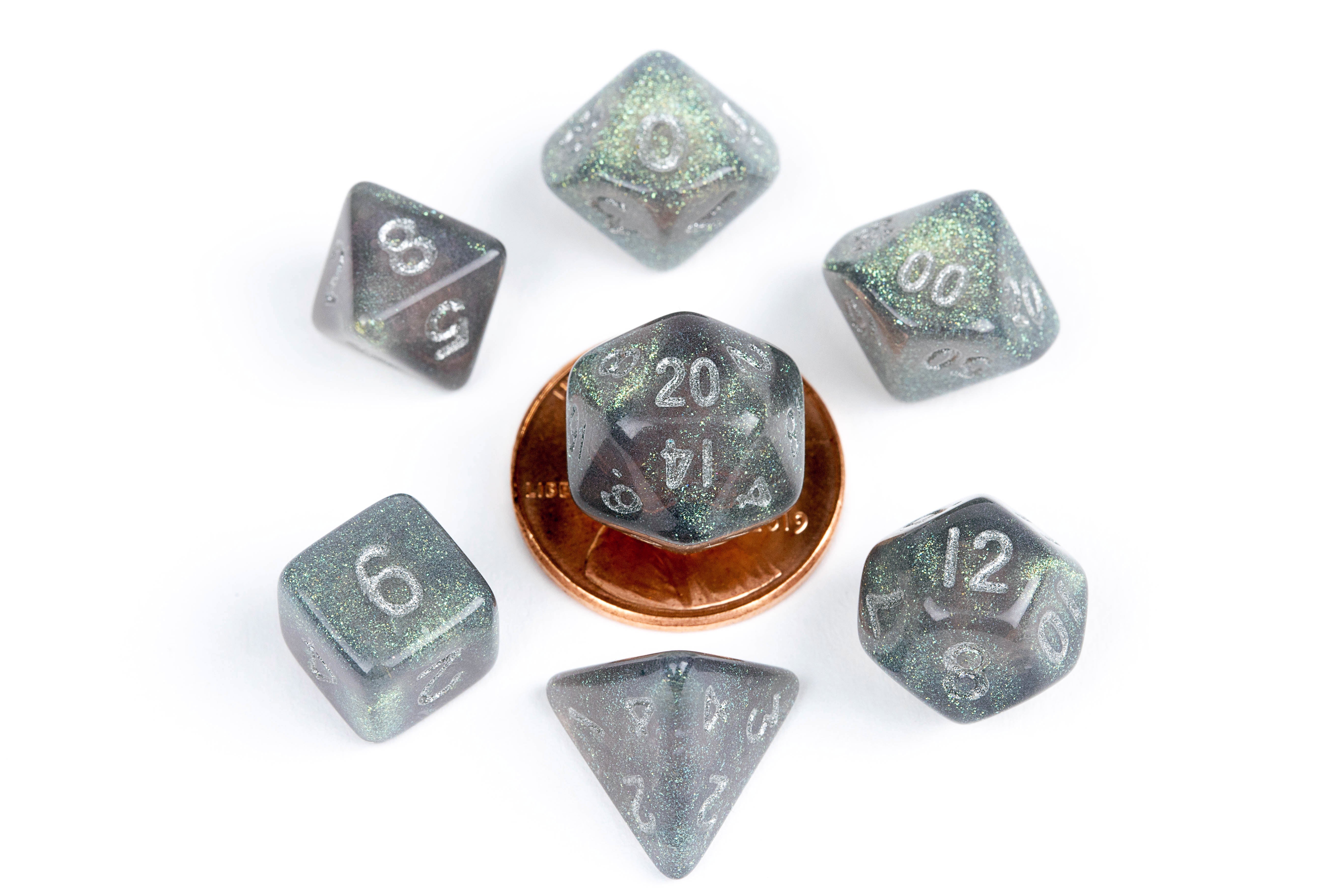 7 Count Dice Mini Acrylic Set: Grey w/ Silver Numbers | All About Games