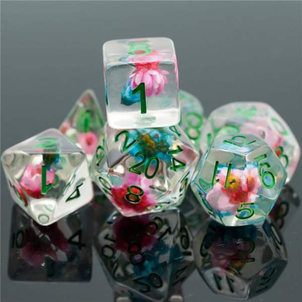 Blue and Pink Star Flower RPG dice set