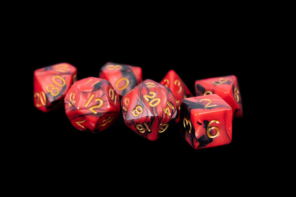 7 Count Dice Acrylic Set: 16MM Red/Black with Gold