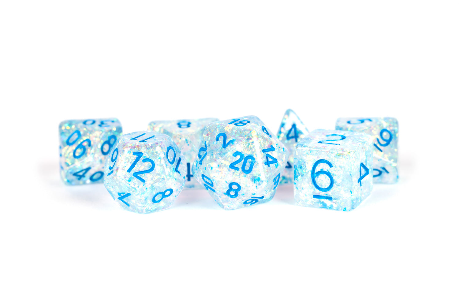 7 Count Dice Flash Set: 16MM Light Blue Numbers | All About Games