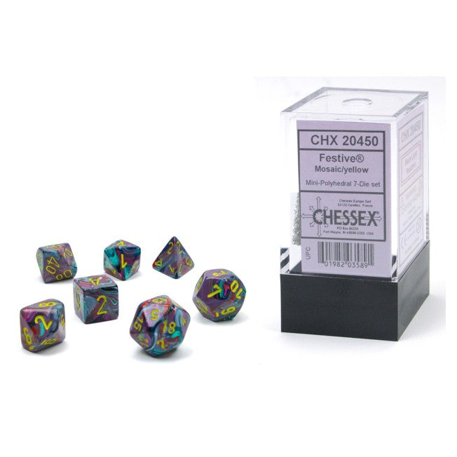 CHX20450 Mosaic Festive Mini Dice with Yellow Numbers 10mm (3/8in) Set of 7