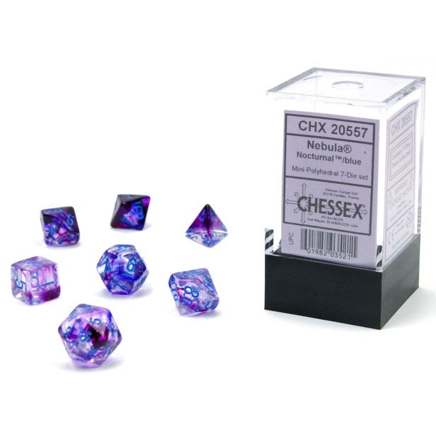CHX20557 Nocturnal Nebula Luminary Mini Dice with Blue Numbers 10mm (3/8in) Set of 7
