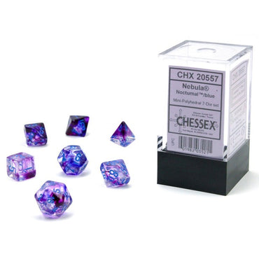 CHX20557 Nocturnal Nebula Luminary Mini Dice with Blue Numbers 10mm (3/8in) Set of 7