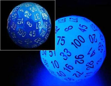D100 Glow Blue 100 sided die