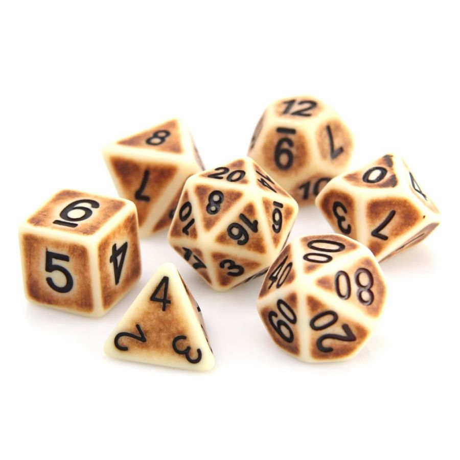 7CT BONE GOLEM POLY DICE SET - LIGHT TAN AND ANTIQUE BROWN