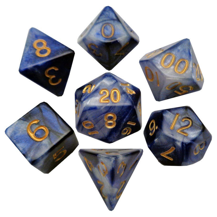 7 Count Dice Acrylic Set: 16MM Combo Attack Blue/White with Gold