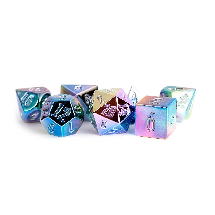 7 COUNT ALUMINUM-PLATED ACRYLIC-METAL DICE 16MM: RAINBOW AEGIS UNINKED
